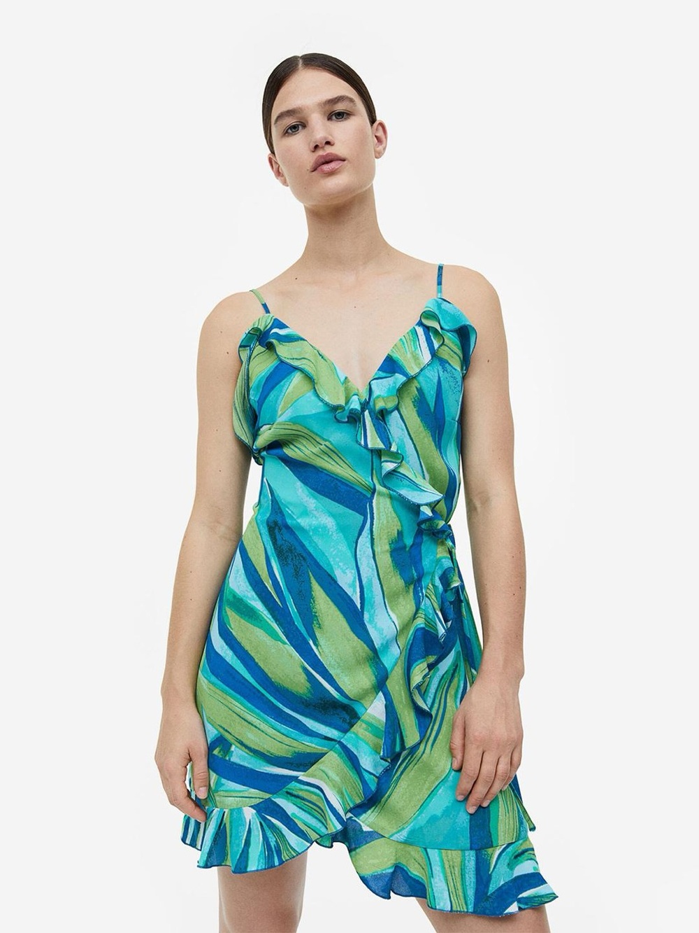 H&M Blue and Green Abstract Ruffle Mini Dress XXl
